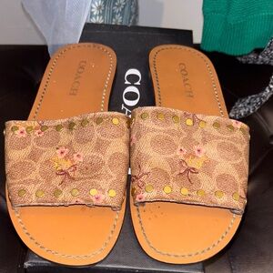 Coach Tan Floral Slide Sandals